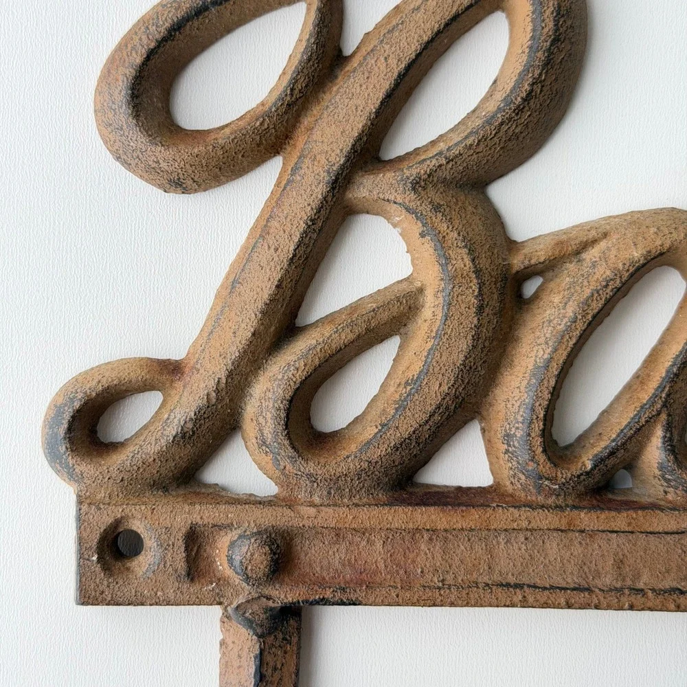 Vintage Cast Iron Bath Wall Hook Rack Rustic Towel Hanger Sign Farmhouse
